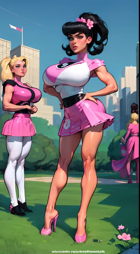 Create a detailed 4K scene of The Powerpuff Girls, ((Blossom, redhead, pink skirt)), ((Bubbles, blonde hair, blue skirt)) and ((Buttercup, black hair, green skirt)), in their classic formation. They are standing in an urban environment in the heart of Town...