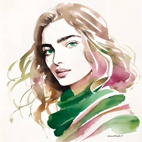 David Downton fashion illustration, line art and airy gentle watercolor drawing, blonde light brown hair woman 35 y.o, bob thin hair, profile, Andreea Diaconu, light pink lilac sweatshirt, green woolen knitted scarf, windy, creative, designer,