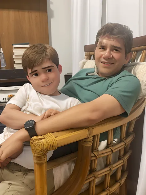 Theres a man and a boy sitting on a chair together, with a kid, Directed by: Fernando Gerassi, Directed by: Felipe Seade, Directed by: Joseph Pisani, edu souza, Directed by: Nandor Soldier, david rios ferreira, Jose Miguel Romano Francisca, Directed by: Lu...