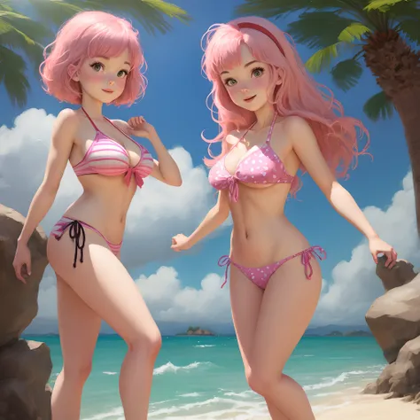 Pixar-style pink haired girl in a bikini