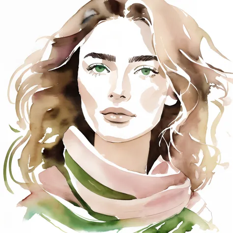 David Downton fashion illustration, line art and airy gentle watercolor drawing, blonde light brown hair woman 35 y.o, bob thin hair, profile, Andreea Diaconu, light pink lilac sweatshirt, green woolen knitted scarf, windy, creative, designer,