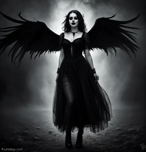 (best quality,4k,8k,highres,masterpiece:1.2),ultra-detailed,(realistic,photorealistic,photo-realistic:1.37),dark enchanted fairy,floating in the air,black clothes,black wings,standing in various poses,always wearing the same outfit,detailed eyes with long ...