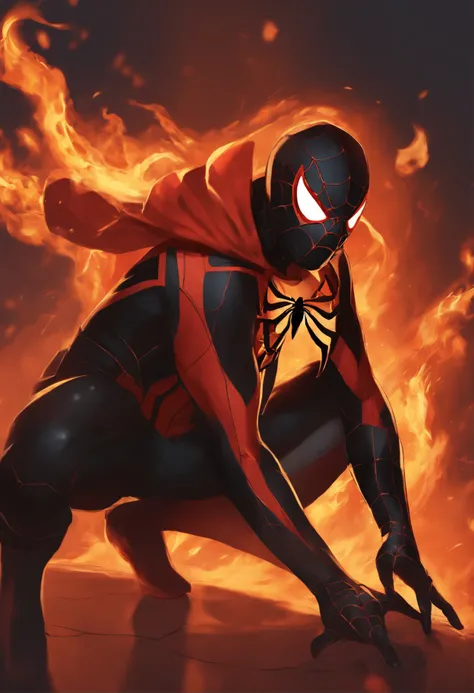 spidersona, fire-themed, suit with warm colors, black hair