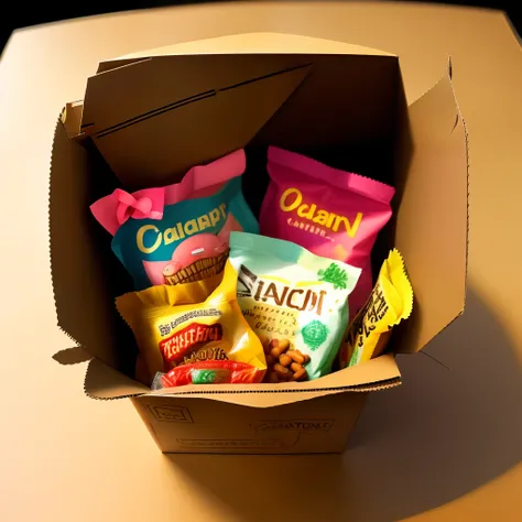 Mystery box candy and snacks inside in carton box