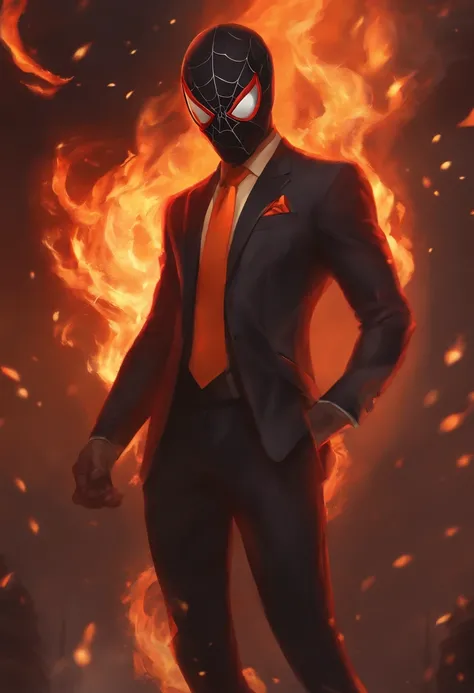 spidersona, fire-themed, suit with warm colors, black hair, Asian