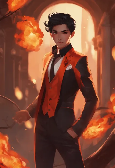 spidersona, fire-themed, suit with warm colors, black hair, Asian