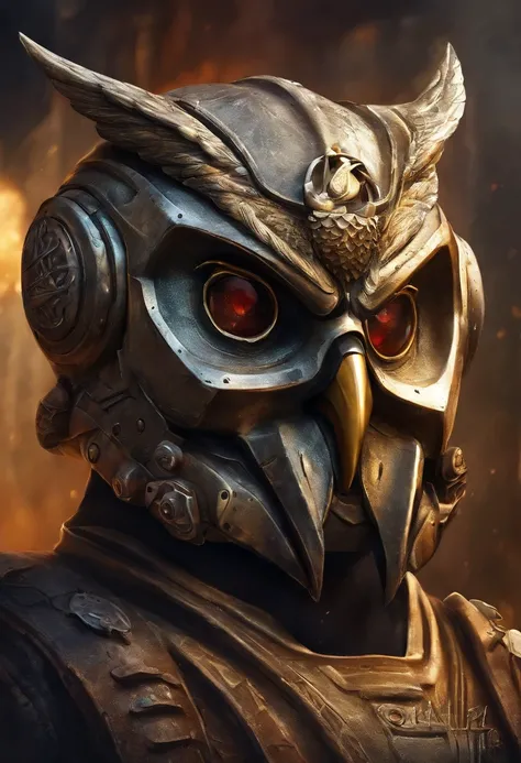 maximum quality, dramatic lighting, menacing pose, fierce expression, epic atmosphere, (((owl-headed helmet))), (((tiro de corpo inteiro))),uma coruja feita de metal, ciborgue, estilo cyberpunk, mechnical, ((detalhes intrincados)), HDR, ((detalhes intrinca...