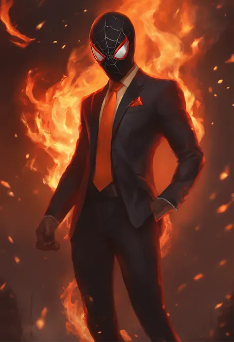 spidersona, fire-themed, suit with warm colors, black hair, Asian