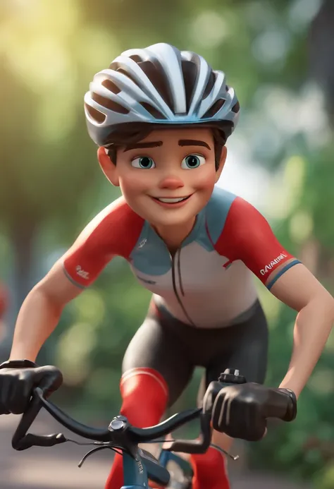 Personagem de desenho animado de um homem usando capacete de ciclismo, pele morena, cabelo curto,  uma camisa verde apertada, um personagem animado, ao lado de sua bicicleta vermelha, Caractere estilizado, animation style rendering, 3D estilizado, Arnold M...