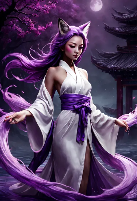 Beautiful and ethereal vixen dressed in flowing white Chinese robes。The image captures fox spirits in the dark sea of the netherworld，It is surrounded by purple gas and faint clouds。Use Midjourneys advanced brush tools to create intricate folds and texture...