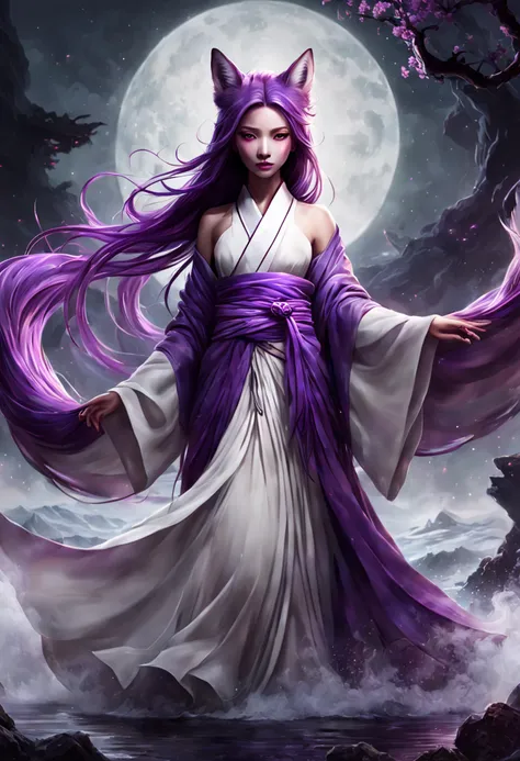 Beautiful and ethereal vixen dressed in flowing white Chinese robes。The image captures fox spirits in the dark sea of the netherworld，It is surrounded by purple gas and faint clouds。Use Midjourneys advanced brush tools to create intricate folds and texture...