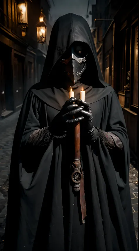 (Masterpiece:1.2), Black Raven Masked Plague Doctor rétro, dark and mysterious, hauntingly beautiful, detailed black beak mask, long flowing cloak, embroidered patterns, old, worn leather, 17th-century outfit, exquisite craftsmanship, sinister atmosphere, ...