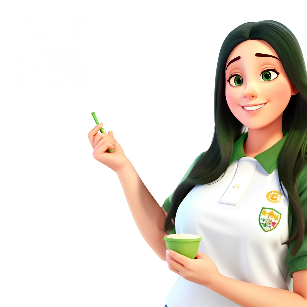 Uma mulher branca usando fardamento escola branco com duas listas uma vermelha e outra verde, gola da camisa verde estilo disney pixar, alta qualidade, melhor qualidade