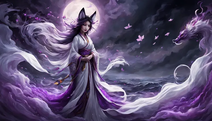 Beautiful and ethereal vixen dressed in flowing white Chinese robes。The image captures fox spirits in the dark sea of the netherworld，It is surrounded by purple gas and faint clouds。Use Midjourneys advanced brush tools to create intricate folds and texture...