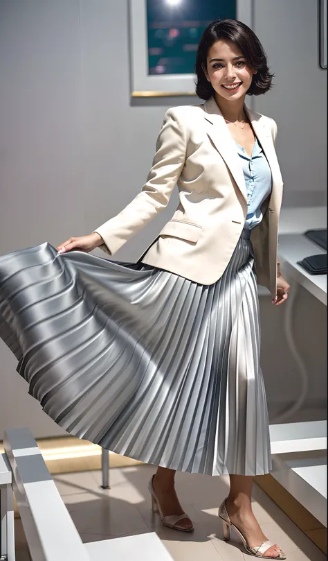 (shy:1,2) (smiling;1,1) woman playing with skirt, dancing, wearing short blazer and very very detailed (long (fully pleated) full circle skirt) and (simple) low heeled office shoes, very very intricate hyper-detailed symmetric (attractive graceful young fe...