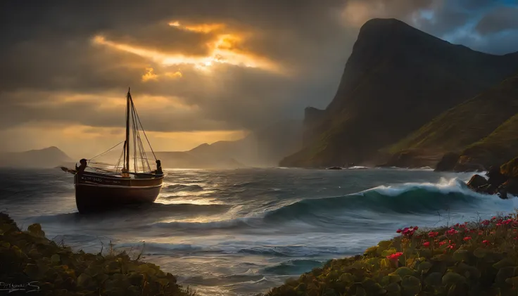 A true photographic landscape painting with incomparable reality,super largo,Ominous sky,veleiro,barco de madeira,lotuses,ondas enormes,Noite estrelada,Harry Potter,Volumetric lighting,clareira,Realistic,Tiago Gurney,art-station，（（oil painted））