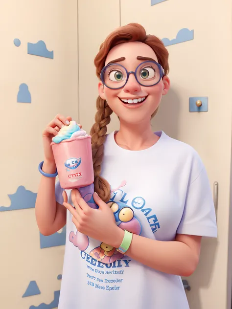 A Disney Pixar style woman holding a cotton candy cup, wearing goggles, ..3d, realista, alta qualidade, melhor qualidade