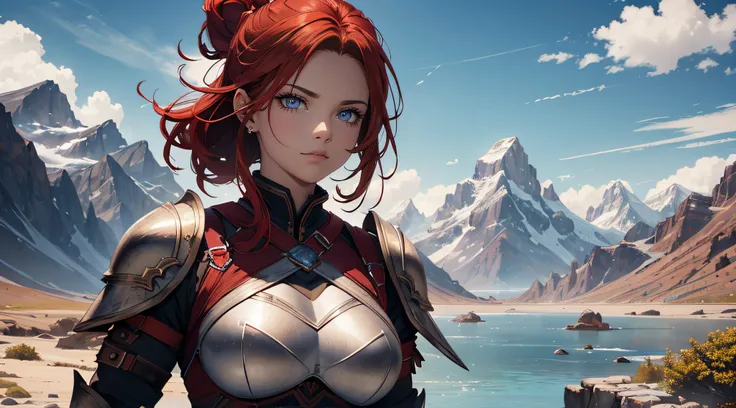 a warrior woman, beautiful, red hair tied up, large breasts, with robust armor, looking to the side, detailed armor, mountains behind, beautiful background, focus on the character, warrior in the corner of the screen, Details, Detailed face, Detailed eyes