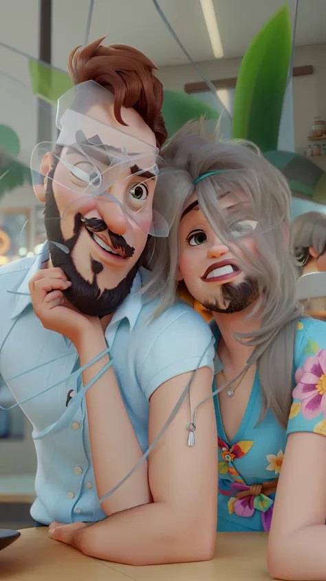 Um casal ao estilo da Pixar, alta qualidade, best quality, e homem de olhos castanhos com barba fechada, mulher baixa e com cabelos com mechas loiras, em um restaurante de luxo