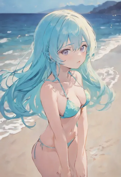 Girl, long light blue hair, light pink eyes, big chest, bikini,on a beach, doppel,by doppel