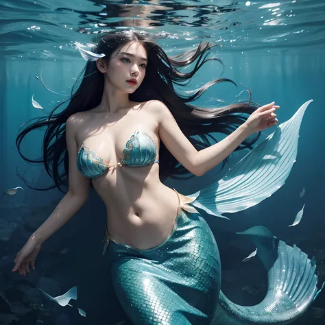 mermaid swimming in the sea、There are blue scales all over the body。From the waist onwards、One caudal fin。Ear tabs are fin-shaped。