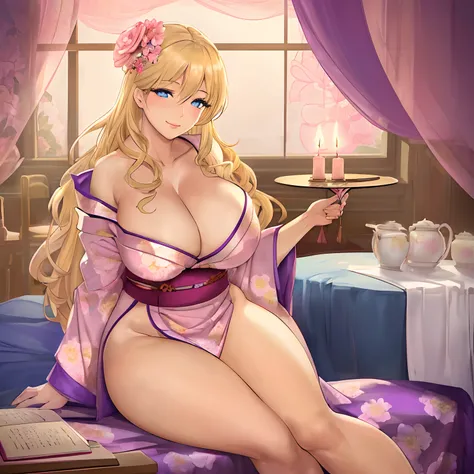 Masterpiece, Best Quality, (((Solo mature woman))), (((long blonde hair))), (((wide hips))), (((beautiful blue eyes))), full lips, seductive smile, large chest, curvy, sexy, ((on bed)) (((wearing pink with white with purple floral kimono))), [Janet], [Alic...