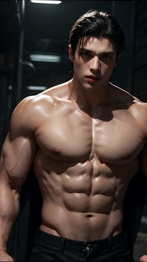 Young Bruce Wayne man black hair, big muscular body, in topless, in dark room