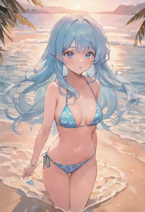 Girl, long light blue hair, baby pink eyes, big chest, bikini,on a beach, doppel,by doppel