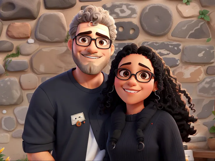 Um casal, com um homem branco com cabelos pretos e uma barba com tonalidades de ruivo, with a pair of glasses and a beautiful black woman with curly hair and a beautiful smile.