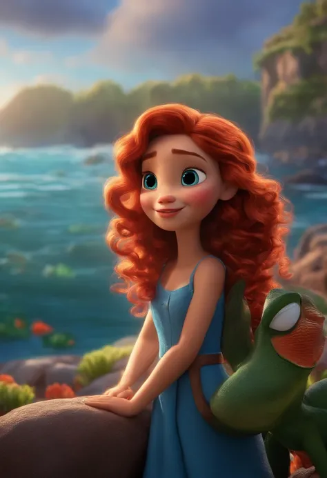 Imagem estilo Pixar com personagem 3D brancos mulher  cabelo cacheado curto vermelho Maquiagem Disney,Pescador, bonitinho, sorridente ,Close-up, Pixar, Disney, Cinema Lighting,