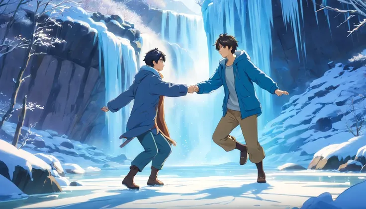 Main Subject: Two masculine men dancing near a frozen waterfall, one is 30 years old, has medium weavy short black hair, tan skin, very detailed face, very detailed body, and the other is a 40-year-old man, white skin, no hair, brown facial hair, very deta...