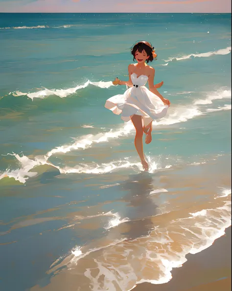 A girl in a white dress is running cheerfully on the beach in summer。