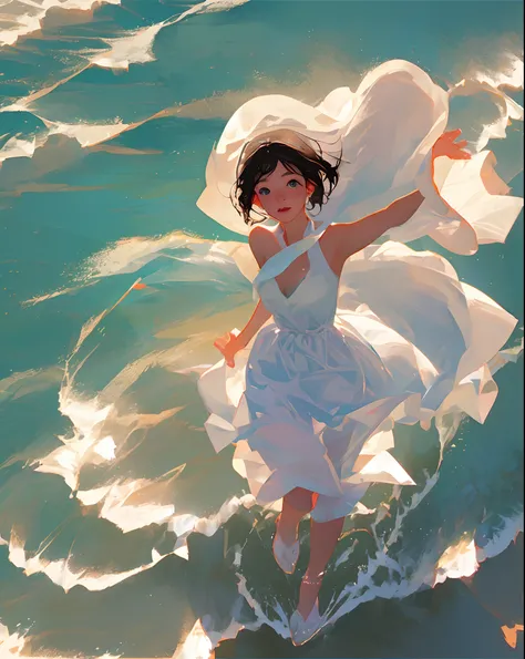 A girl in a white dress is running cheerfully on the beach in summer。