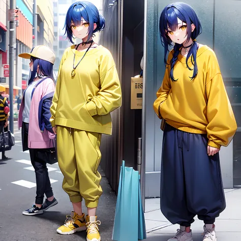 anime girl, blue hair, yellow eyes, yellow necklace, yellow wool oversized pullover, blue baggy pants, yellow sneaker