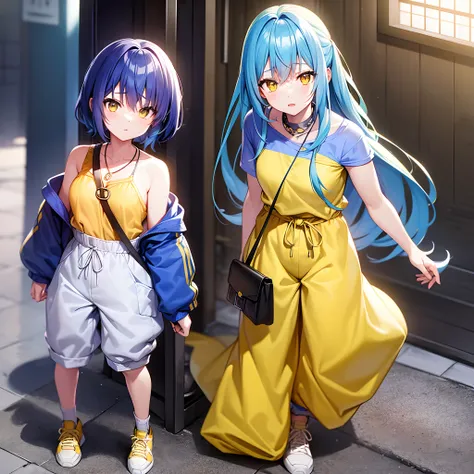 anime girl, blue hair, yellow eyes, yellow necklace, yellow wool oversized pullover, blue baggy pants, yellow sneaker