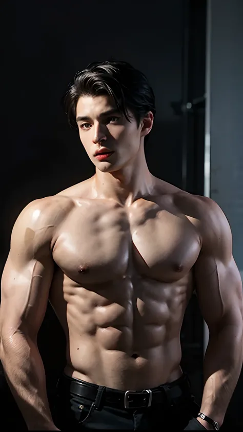 Young Bruce Wayne man black hair, big muscular body, in topless, in dark room