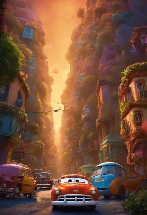 Uma avenida com lojas e predios de 2 andares. Desenho tipo cartaz da pixar