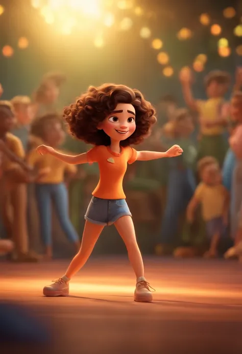 Pixar style image with 3D character white glasses brunette woman short curly hair dancing, Maquiagem Disney,Pescador, bonitinho, sorridente ,Close-up, Pixar, Disney, Cinema lighting,