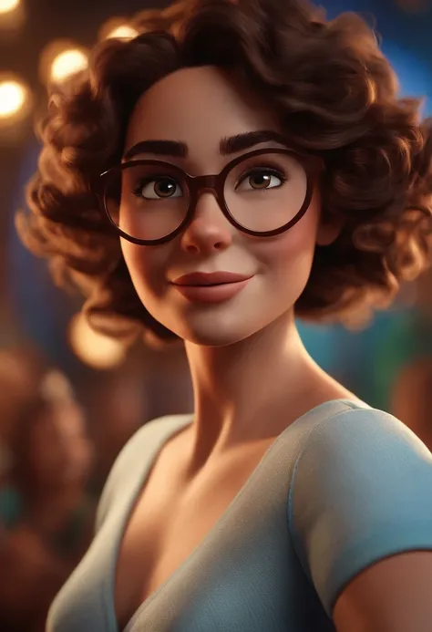 Pixar style image with 3D character white glasses brunette woman short curly hair dancing, Maquiagem Disney,Pescador, bonitinho, sorridente ,Close-up, Pixar, Disney, Cinema lighting,