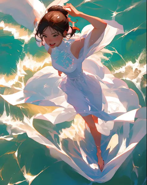 A girl in a white dress is running cheerfully on the beach in summer。