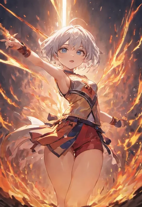 1girl, white silver hair, short hair, small breasts, thicc thighs, realistic sword, holding up sword. Red tank top, black panties, Blue eyes, shiny skin, shiny hair. Fire on sword. Amounts in and sun in background. Realistic quality.