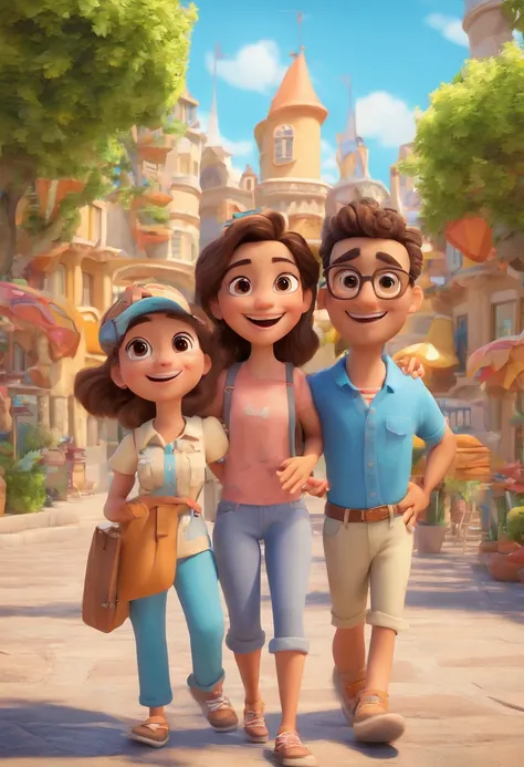 Cartoon of friends having fun on vacation together,  3D Animation Movie Poster, Poster de filme animado, pixar 3 d animation style, pixar renderman rendering, maia 8 mil, animated film, Disney Pixar Estilo 3D, amigos felizes saem juntos, all wearing light ...