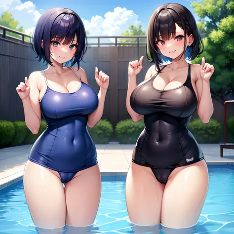 Wearing a dark blue school swimsuit、twogirls、Black short hair、high-level image quality、Anime style、Colossal tits、big butts、Pussy、provocative smiling、thick thight、NSFW、A large amount of love juice is flowing from、Standing by the pool