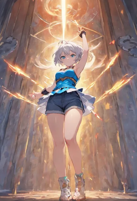 1girl, white silver hair, short hair, big breasts, thicc thighs, realistic sword, holding up sword. Red tank top, blue short jeans, Blue eyes, shiny skin, shiny hair. Shiny sword, Amountains behind, sun in background