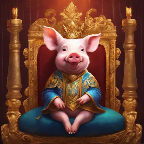 (a piglet in a throne,adorable,)medium:oil painting, (gold leaf:1.1 antique crown), holding carefully (a magnificent orb),(studded scepter),with (innocent,adorable eyes) staring directly at the viewer, (happy pig king, pig tsar). The piglets throne is luxu...