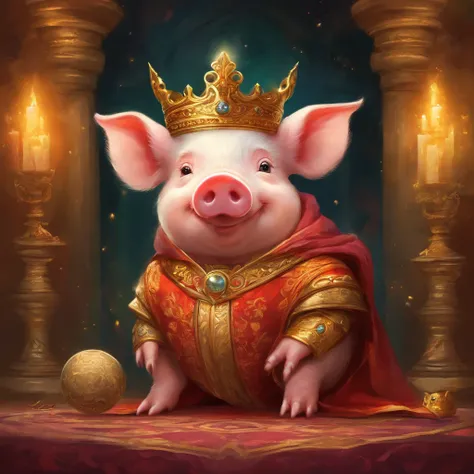 (a piglet in a throne,adorable,)medium:oil painting, (gold leaf:1.1 antique crown), holding carefully (a magnificent orb),(studded scepter),with (innocent,adorable eyes) staring directly at the viewer, (happy pig king, pig tsar). The piglets throne is luxu...