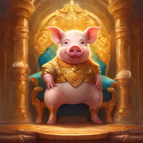 (a piglet in a throne,adorable,)medium:oil painting, (gold leaf:1.1 antique crown), holding carefully (a magnificent orb),(studded scepter),with (innocent,adorable eyes) staring directly at the viewer, (happy pig king, pig tsar). The piglets throne is luxu...