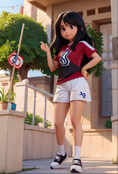 Create a Disney Pixar character: a 35-year-old woman, long black hair, dark brown eyes, a Fluminense shirt, a white shorts, a black and white sneaker, an image background, a Fluminense flag