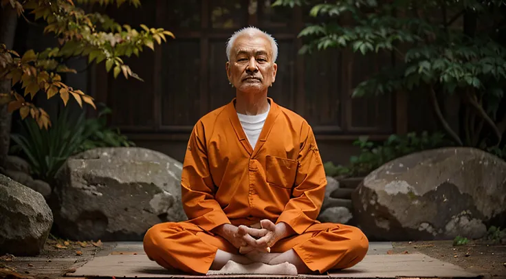 old man zen master wearing orange uniform and meditating in a beautiful spiritual enviroment