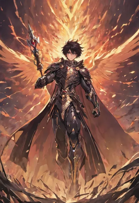 1guy,tall,handsome,bulky muscle, black hair, claymore, holding claymore, leather armor, iron armor,silver white cape. Red Magic circle above, hand raised above. Wind gust. Fire forms. Trees, pulling back from strong wind, red eyes, realistic quality. Tress...